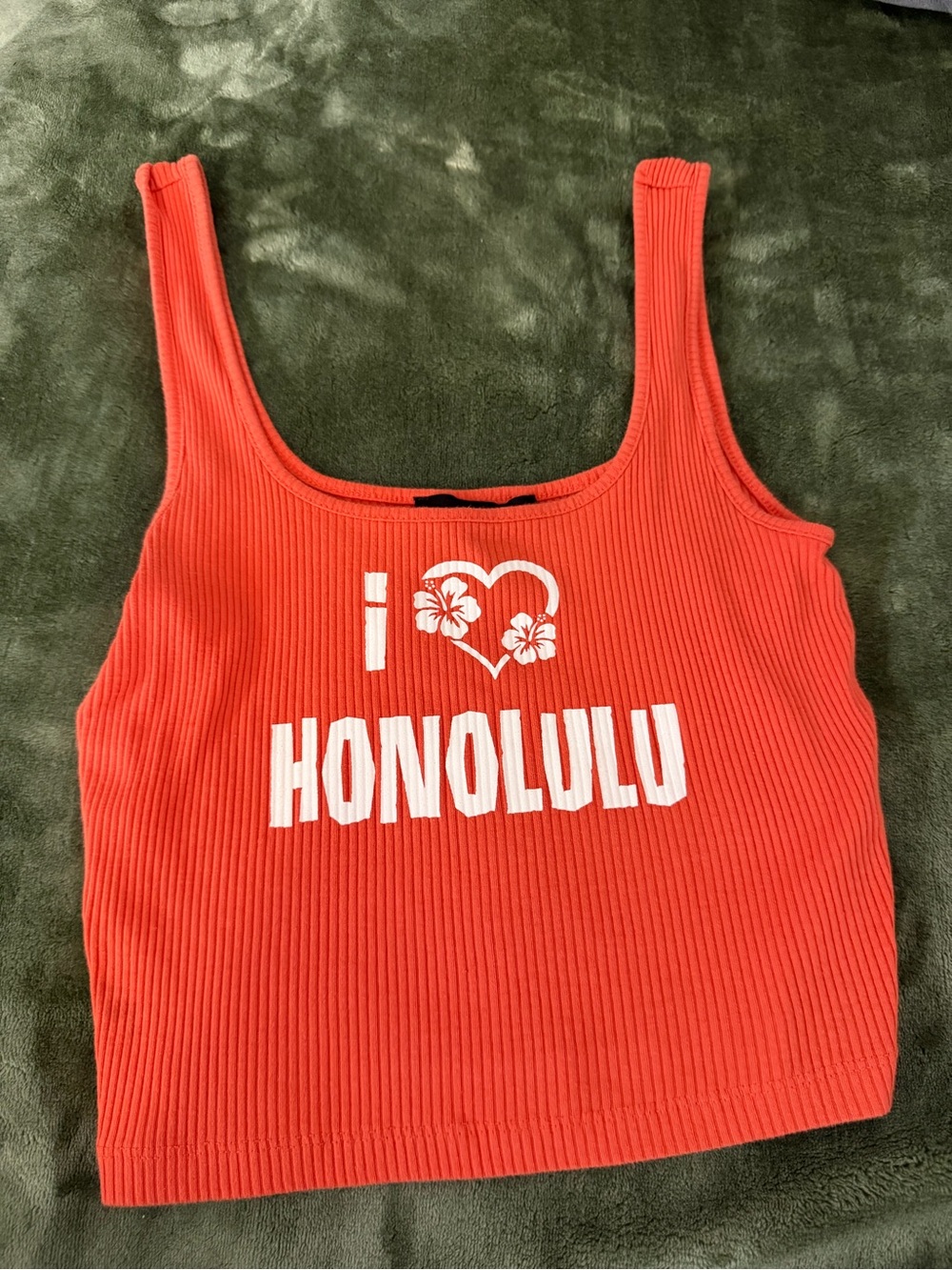 Orange'I ♥ Honolulu' Ribbed Tank Top